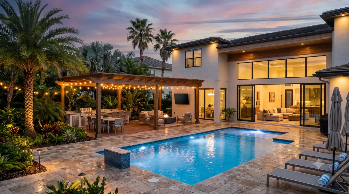Cinematic villa at dusk